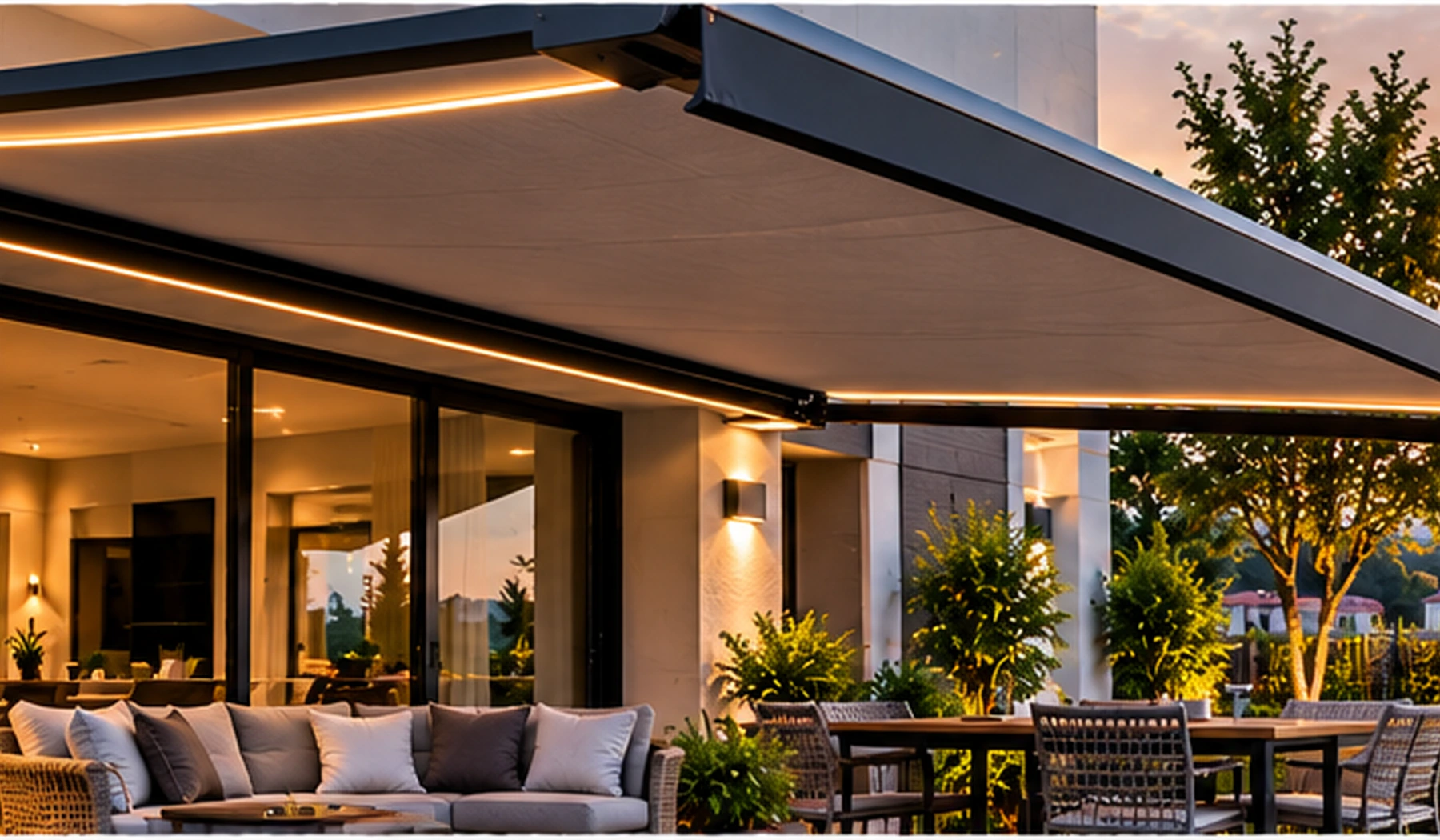 Modern motorlu tente ve pergola ile kapatılmış dış mekân oturma alanı
