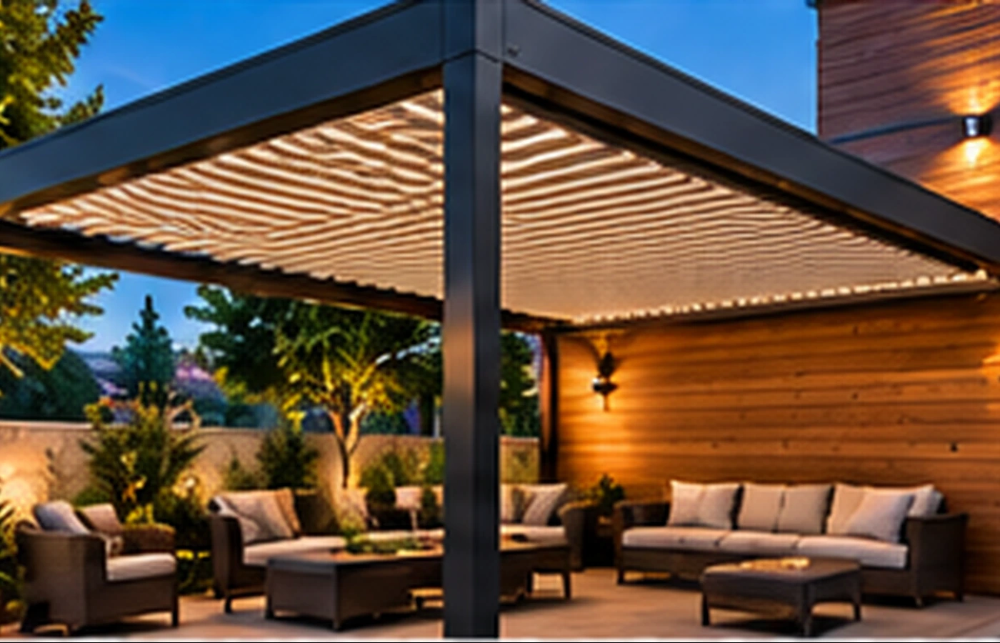 Modern pergola ve dış mekân oturma alanı