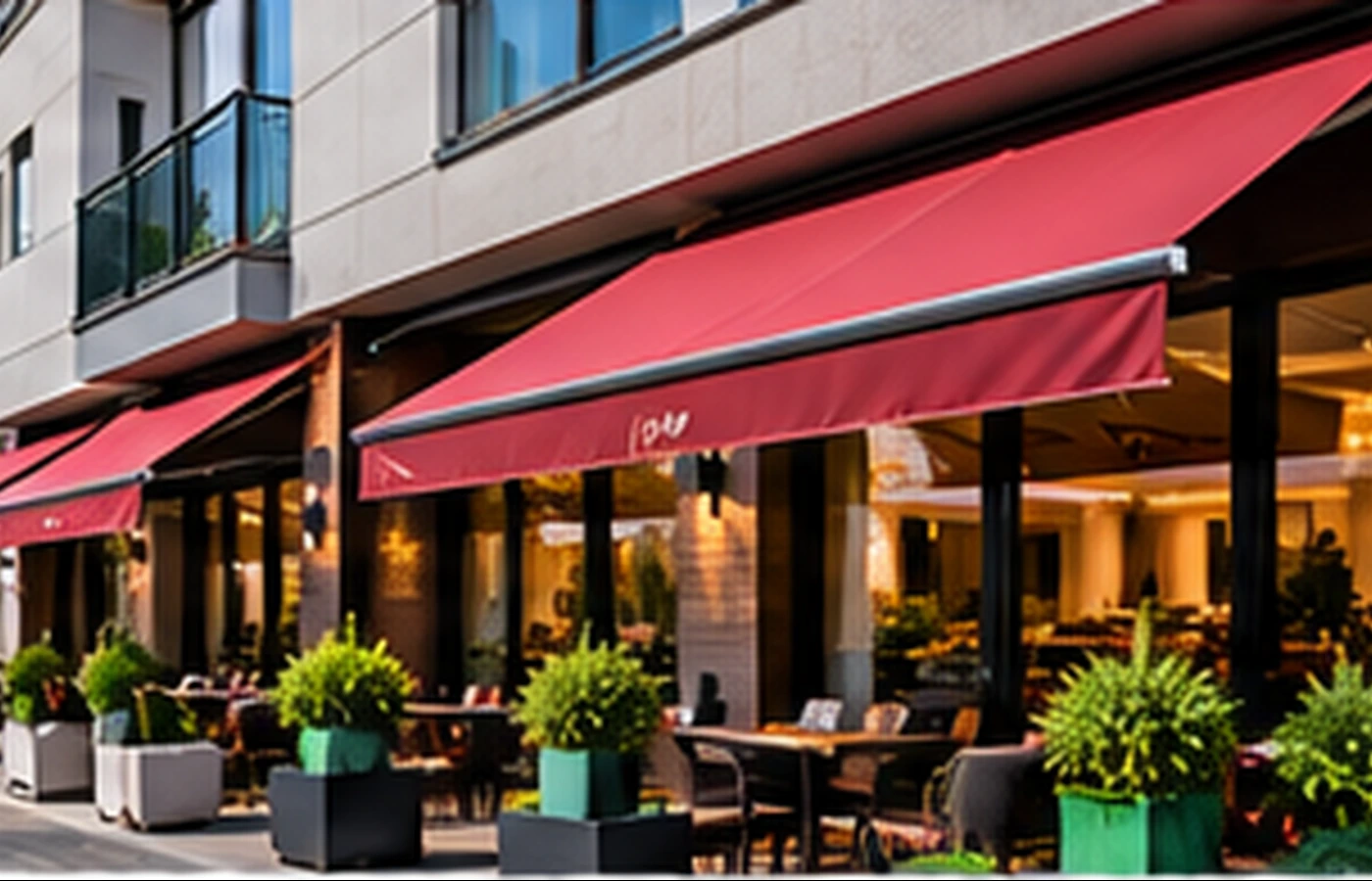 Kafe ve işyeri için mafsallı tente uygulaması
